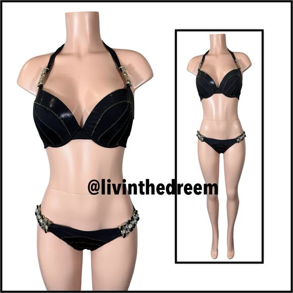 Beach Bunny Black Panthera Crystal Accents and Scrunch Bottom XL/M Set $300 - Picture 3 of 14